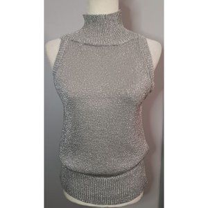 Carolyn Eve Large Silver Metallic Knit Vintage Italy Mock Business Classic Top